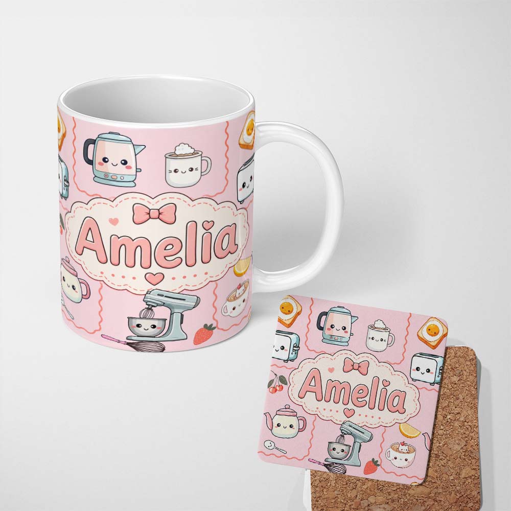 Personalized Custom Name Cute Kawaii Kitchen Mixer Kettle Fruits Pink Background Seamless 11oz Ceramic Coffee Tea Mug White Large Handle