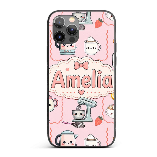 Cute Kawaii Mixer Kettle Fruits Pink Background Custom Name Protective Phone Case Mobile Cover Durable Everyday Smartphone Shock Resistant