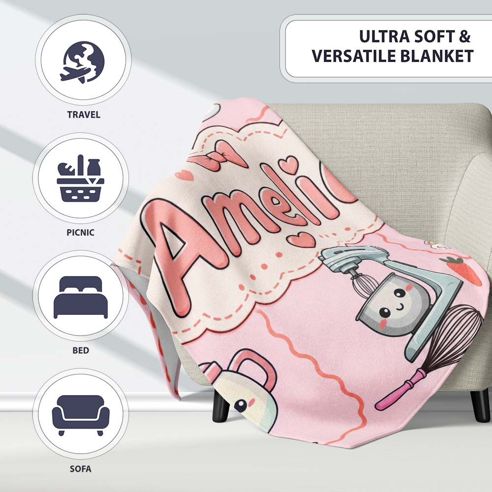 Cute Kawaii  Mixer Kettle Fruits Pink Background Seamless  Personalised Custom Name Super Soft Fleece Blanket Bed Sofa Throw