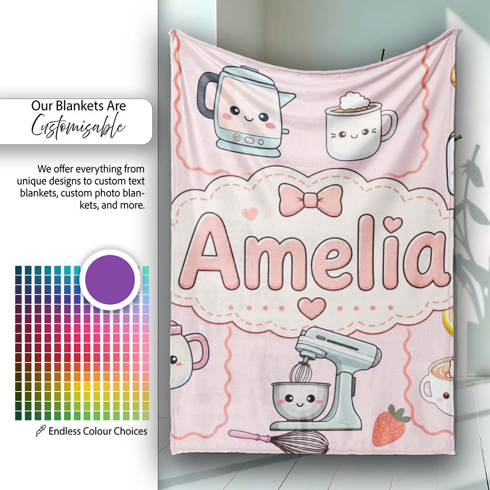 Cute Kawaii  Mixer Kettle Fruits Pink Background Seamless  Personalised Custom Name Super Soft Fleece Blanket Bed Sofa Throw