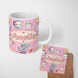 Personalized Custom Name Cute Kawaii Kitchen Mixer Kettle Fruits Blush Pink Background 11oz Ceramic Coffee Tea Mug White Large Handle