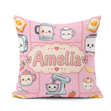 Custom Name Kawaii Mixer Kettle Fruits Blush Pink Background Square Filled Cushion Throw Pillow Sofa Bed Home Decor Zip Washable UK Made