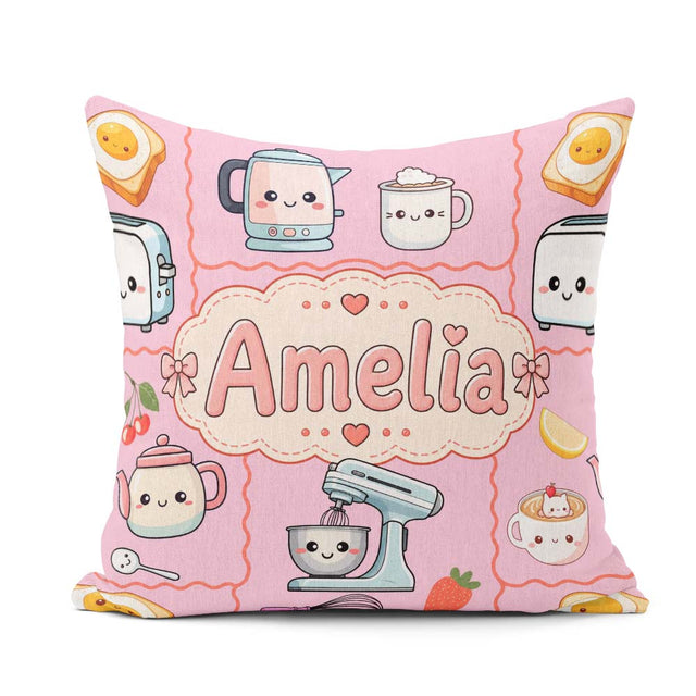 Custom Name Kawaii Mixer Kettle Fruits Blush Pink Background Square Filled Cushion Throw Pillow Sofa Bed Home Decor Zip Washable UK Made