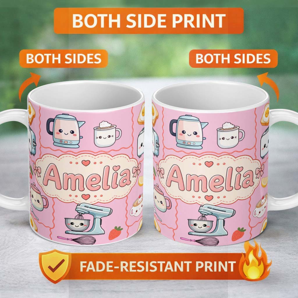 Personalized Custom Name Cute Kawaii Kitchen Mixer Kettle Fruits Blush Pink Background 11oz Ceramic Coffee Tea Mug White Large Handle