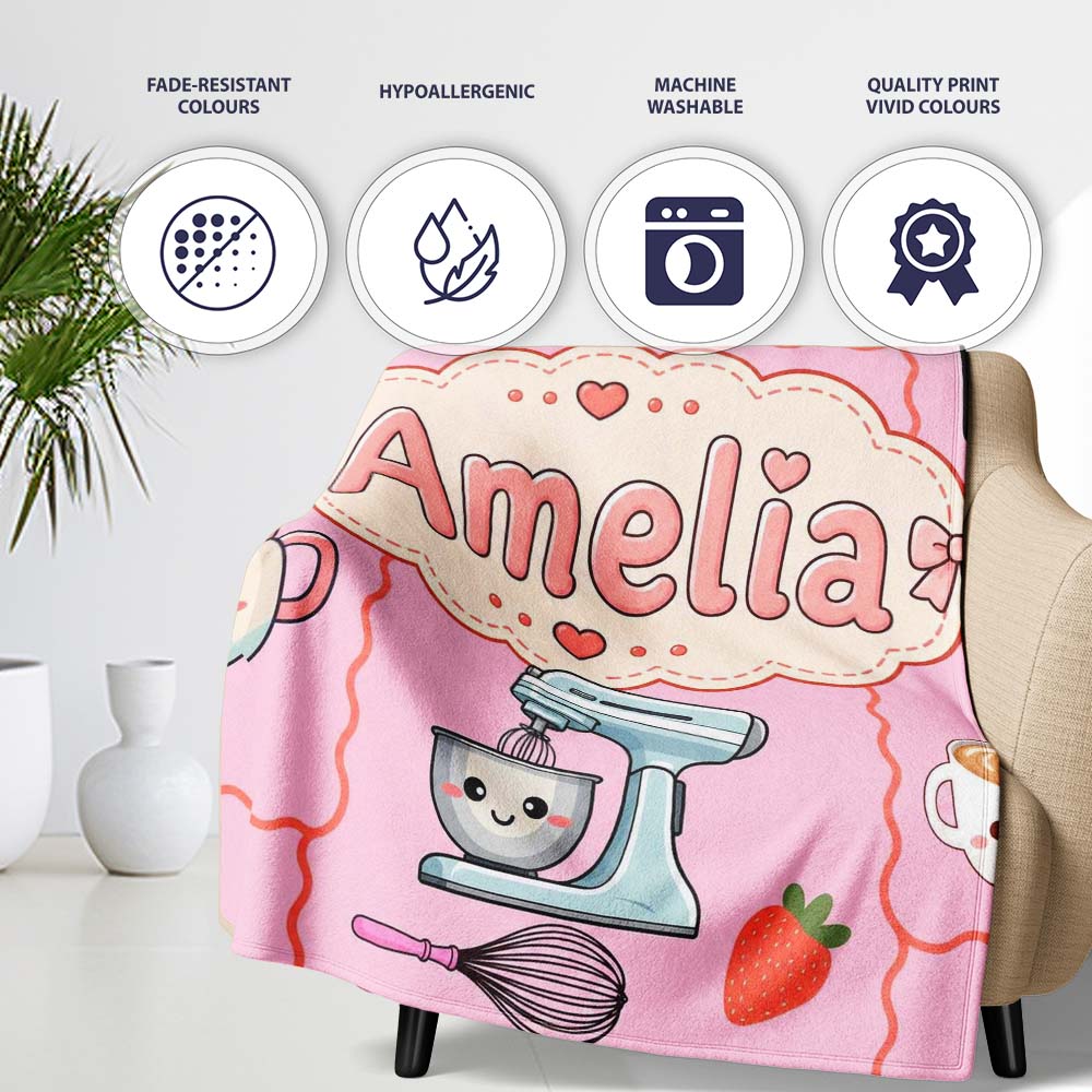 Cute Kawaii  Mixer Kettle Fruits Blush Pink Background  Personalised Custom Name Super Soft Fleece Blanket Bed Sofa Throw