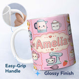 Personalized Custom Name Cute Kawaii Kitchen Mixer Kettle Fruits Blush Pink Background 11oz Ceramic Coffee Tea Mug White Large Handle