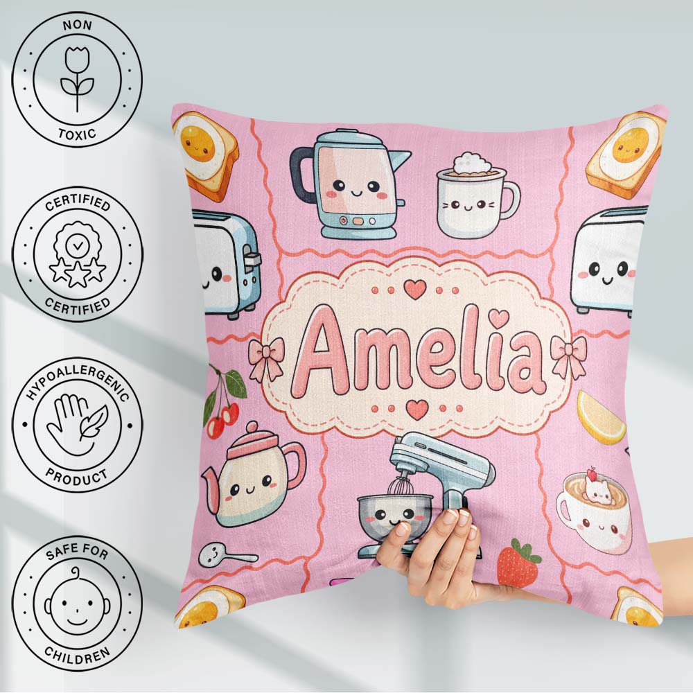 Custom Name Kawaii Mixer Kettle Fruits Blush Pink Background Square Filled Cushion Throw Pillow Sofa Bed Home Decor Zip Washable UK Made