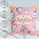 Custom Name Kawaii Mixer Kettle Fruits Blush Pink Background Square Filled Cushion Throw Pillow Sofa Bed Home Decor Zip Washable UK Made