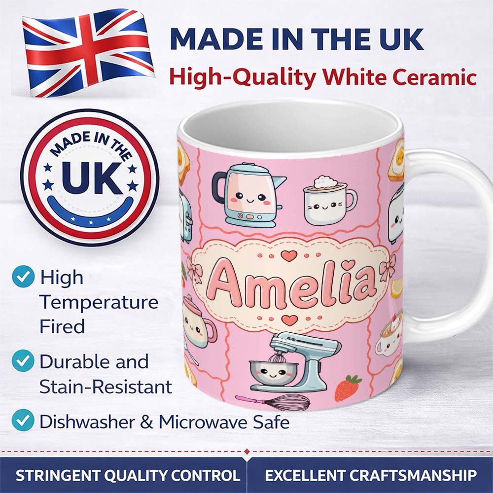 Personalized Custom Name Cute Kawaii Kitchen Mixer Kettle Fruits Blush Pink Background 11oz Ceramic Coffee Tea Mug White Large Handle