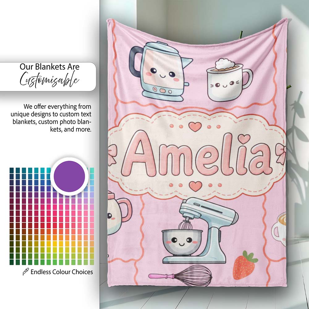 Cute Kawaii  Mixer Kettle Fruits Blush Pink Background  Personalised Custom Name Super Soft Fleece Blanket Bed Sofa Throw