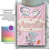 Cute Kawaii  Mixer Kettle Fruits Blush Pink Background  Personalised Custom Name Super Soft Fleece Blanket Bed Sofa Throw