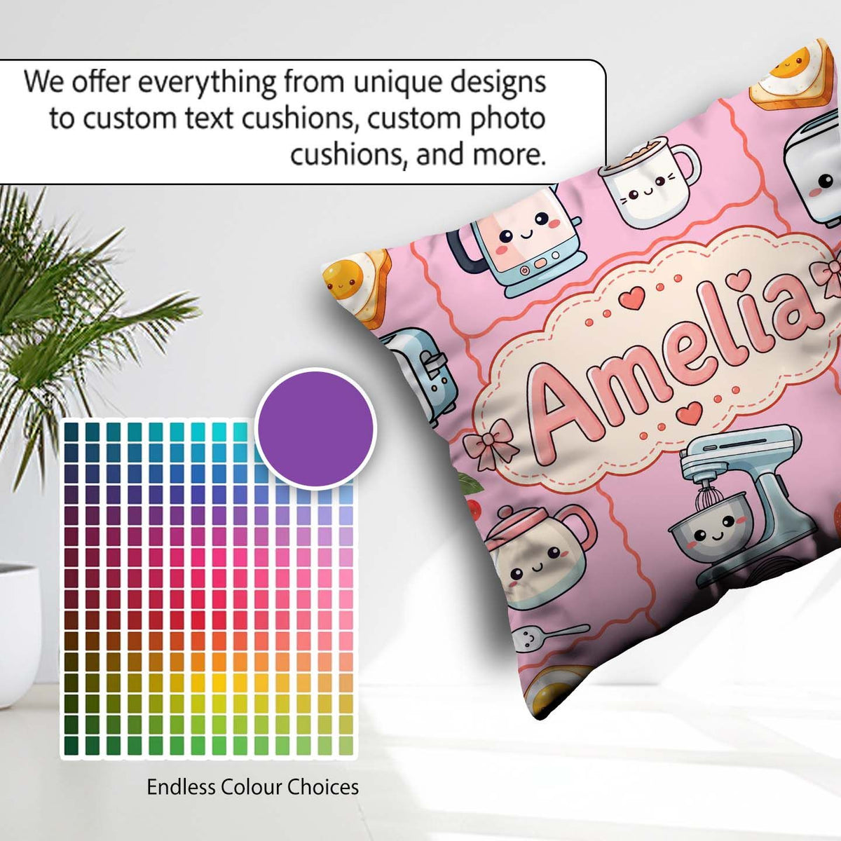 Custom Name Kawaii Mixer Kettle Fruits Blush Pink Background Square Filled Cushion Throw Pillow Sofa Bed Home Decor Zip Washable UK Made