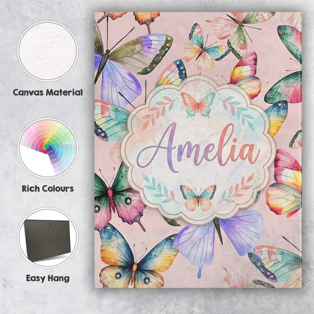 Personalised Name Pastel Watercolor Butterflies Blush Pink Background Custom Home Unique Canvas Wall Art Print Decor Picture Ready to Hang