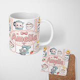 Personalized Custom Name Cute Kawaii Kitchen Mixer Kettle Fruits Light Grey Background 11oz Ceramic Coffee Tea Mug White Large Handle