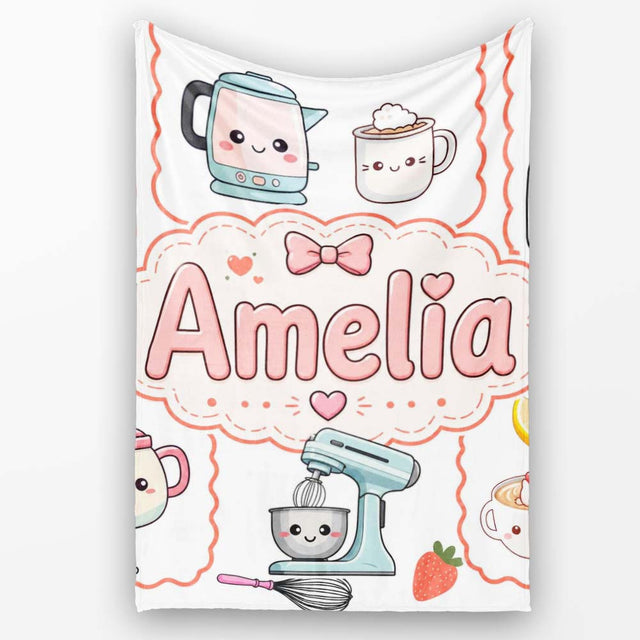 Cute Kawaii  Mixer Kettle Fruits Light Grey Background  Personalised Custom Name Super Soft Fleece Blanket Bed Sofa Throw