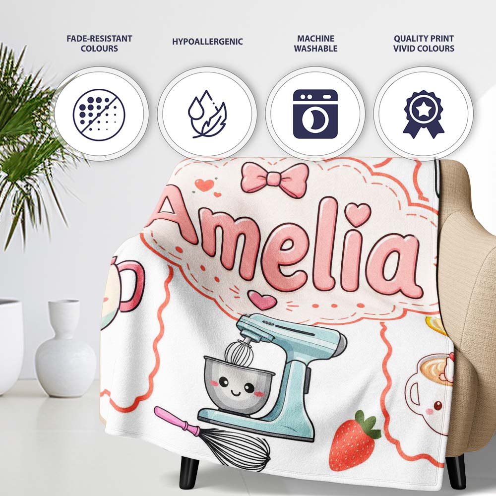 Cute Kawaii  Mixer Kettle Fruits Light Grey Background  Personalised Custom Name Super Soft Fleece Blanket Bed Sofa Throw