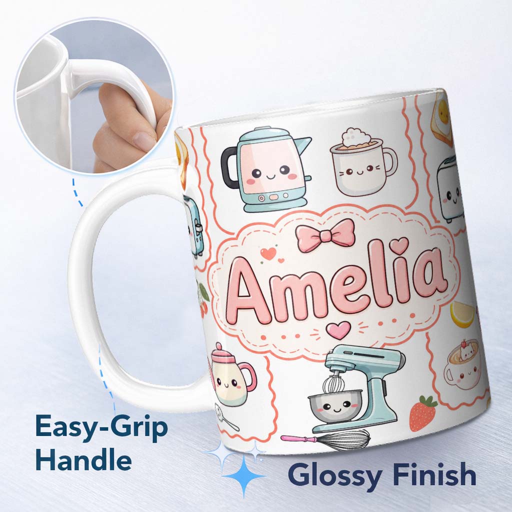 Personalized Custom Name Cute Kawaii Kitchen Mixer Kettle Fruits Light Grey Background 11oz Ceramic Coffee Tea Mug White Large Handle