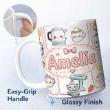 Personalized Custom Name Cute Kawaii Kitchen Mixer Kettle Fruits Light Grey Background 11oz Ceramic Coffee Tea Mug White Large Handle