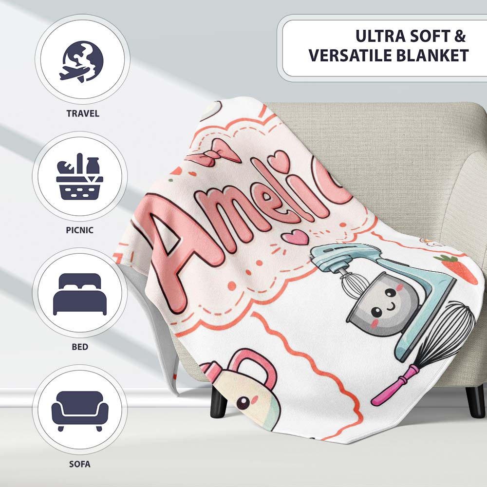 Cute Kawaii  Mixer Kettle Fruits Light Grey Background  Personalised Custom Name Super Soft Fleece Blanket Bed Sofa Throw