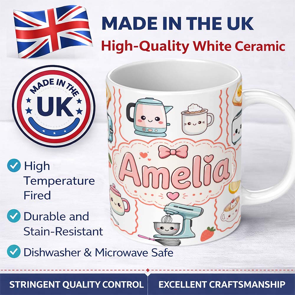 Personalized Custom Name Cute Kawaii Kitchen Mixer Kettle Fruits Light Grey Background 11oz Ceramic Coffee Tea Mug White Large Handle