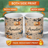 Personalized Custom Name Cute Halloween Bats Sitting on Pumpkins with Stars 11oz Ceramic Coffee Tea Mug White Large Handle
