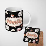 Personalized Custom Name Cute Kawaii Sushi Rice Cooker Bowl Black Background Seamless 11oz Ceramic Coffee Tea Mug White Large Handle