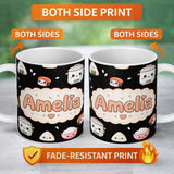 Personalized Custom Name Cute Kawaii Sushi Rice Cooker Bowl Black Background Seamless 11oz Ceramic Coffee Tea Mug White Large Handle