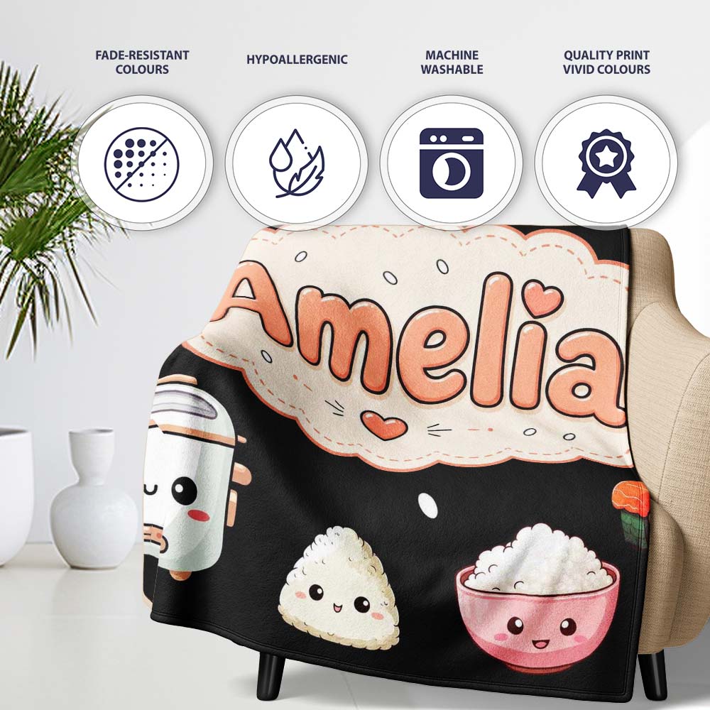 Cute Kawaii Sushi Rice Cooker Bowl Black Background Seamless  Personalised Custom Name Super Soft Fleece Blanket Bed Sofa Throw