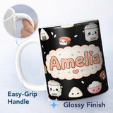 Personalized Custom Name Cute Kawaii Sushi Rice Cooker Bowl Black Background Seamless 11oz Ceramic Coffee Tea Mug White Large Handle