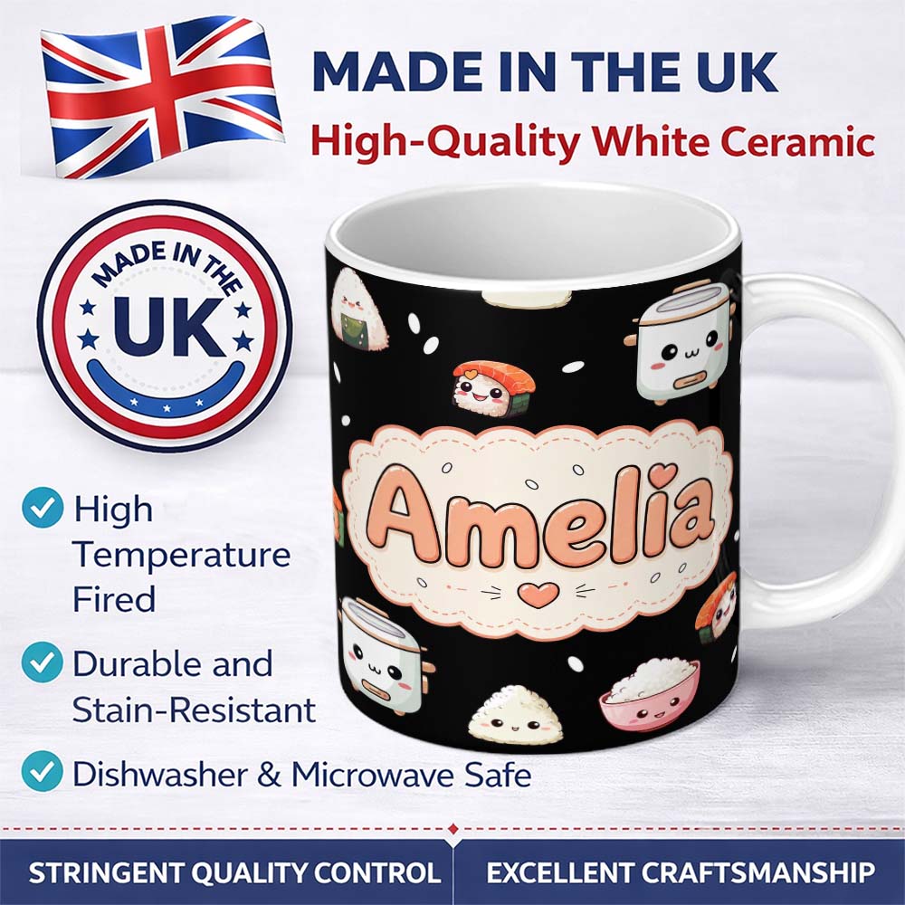 Personalized Custom Name Cute Kawaii Sushi Rice Cooker Bowl Black Background Seamless 11oz Ceramic Coffee Tea Mug White Large Handle