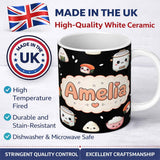 Personalized Custom Name Cute Kawaii Sushi Rice Cooker Bowl Black Background Seamless 11oz Ceramic Coffee Tea Mug White Large Handle