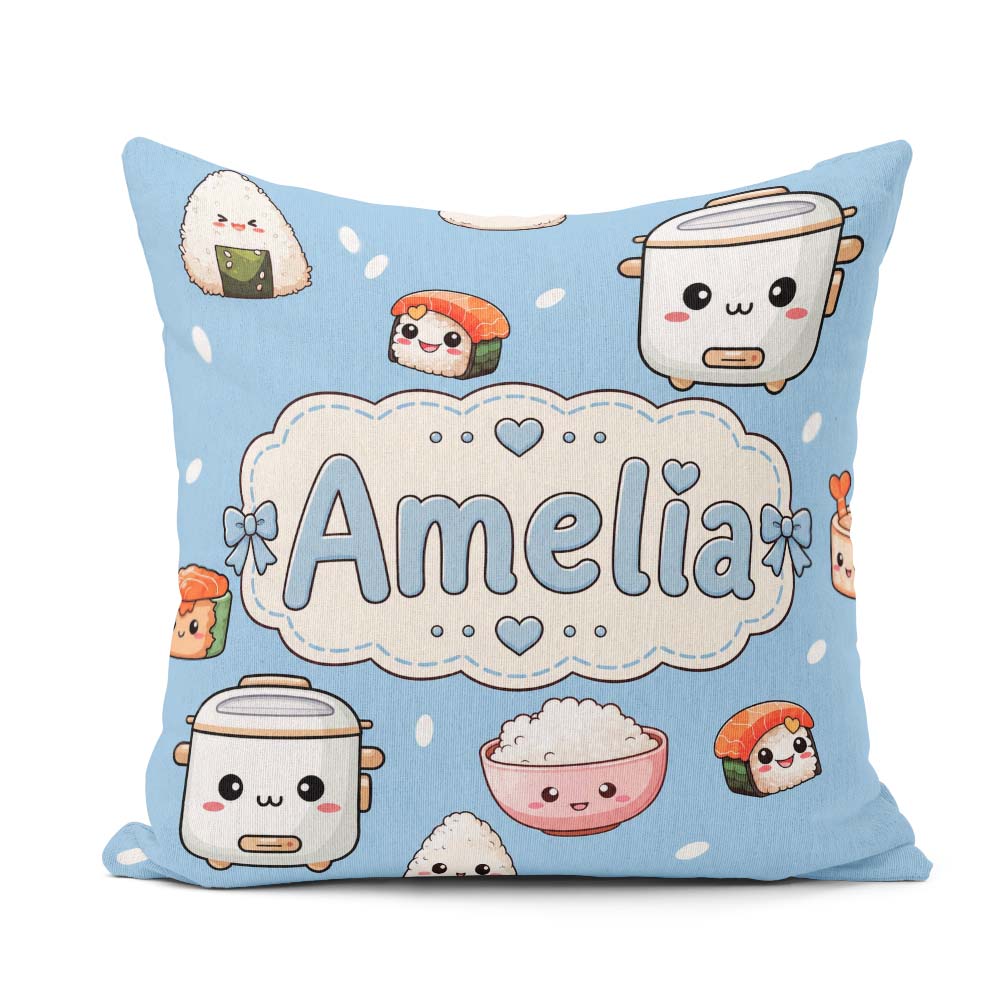 Custom Name Kawaii Sushi Rice Cooker Bowl Blue Seamless Pattern Square Filled Cushion Throw Pillow Sofa Bed Home Decor Zip Washable UK Made