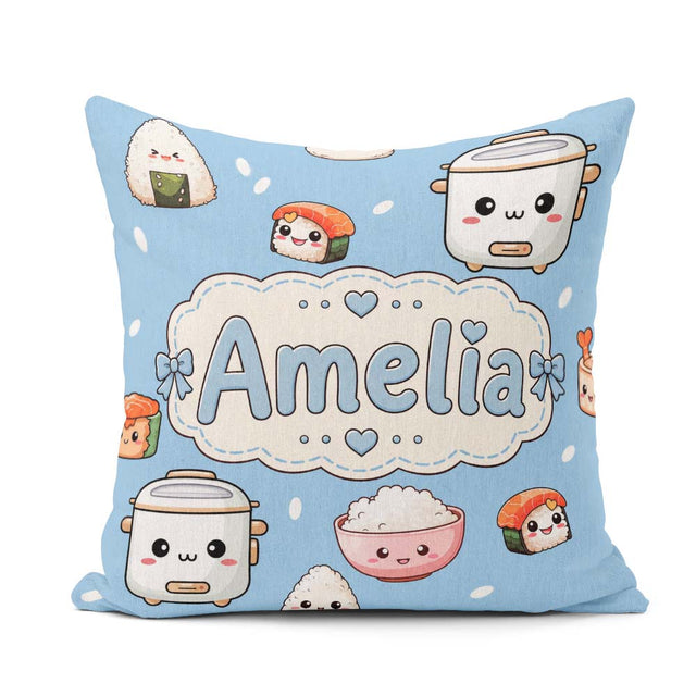 Custom Name Kawaii Sushi Rice Cooker Bowl Blue Seamless Pattern Square Filled Cushion Throw Pillow Sofa Bed Home Decor Zip Washable UK Made