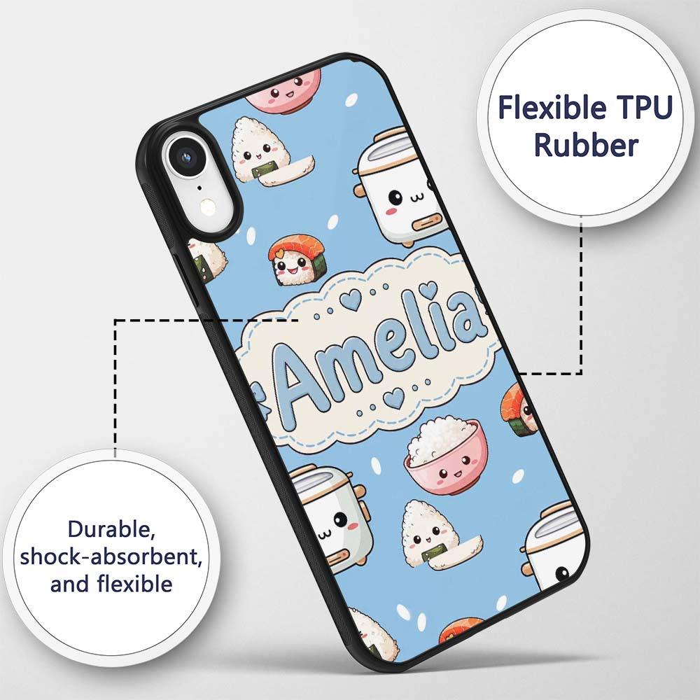 Cute Kawaii Sushi Rice Cooker Bowl Printed Design Custom Name Protective Phone Case Mobile Cover Durable Everyday Smartphone Shock Resistant