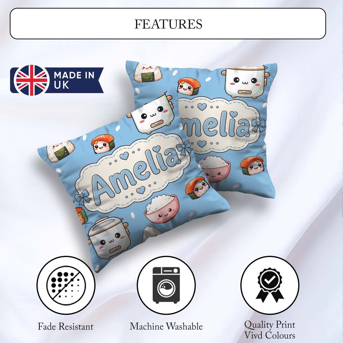 Custom Name Kawaii Sushi Rice Cooker Bowl Blue Seamless Pattern Square Filled Cushion Throw Pillow Sofa Bed Home Decor Zip Washable UK Made