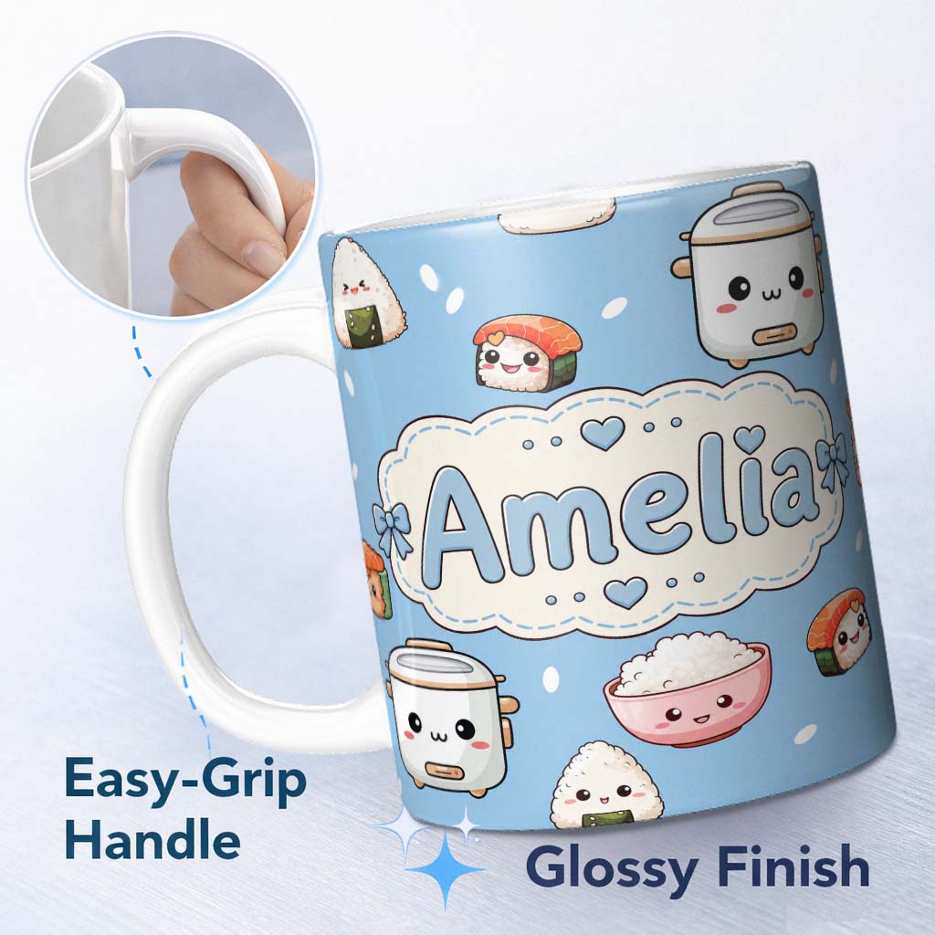 Personalized Custom Name Cute Kawaii Sushi Rice Cooker Bowl Blue Background Seamless Pattern 11oz Ceramic Coffee Tea Mug White Large Handle