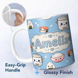 Personalized Custom Name Cute Kawaii Sushi Rice Cooker Bowl Blue Background Seamless Pattern 11oz Ceramic Coffee Tea Mug White Large Handle