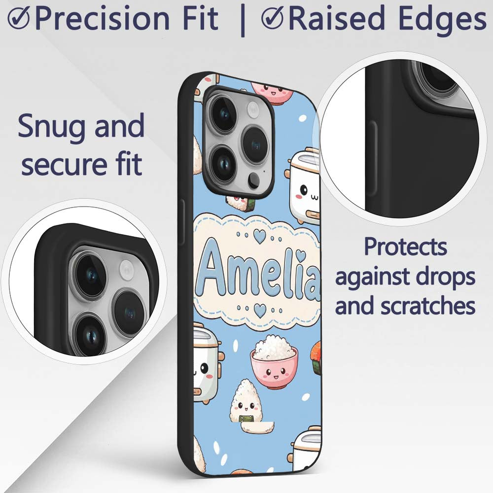 Cute Kawaii Sushi Rice Cooker Bowl Printed Design Custom Name Protective Phone Case Mobile Cover Durable Everyday Smartphone Shock Resistant