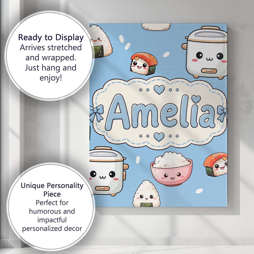 Personalised Name Cute Kawaii Sushi Rice Custom  Unique Gift Idea Elegant Feature Canvas Wall Art Print Decor Picture Ready to Hang
