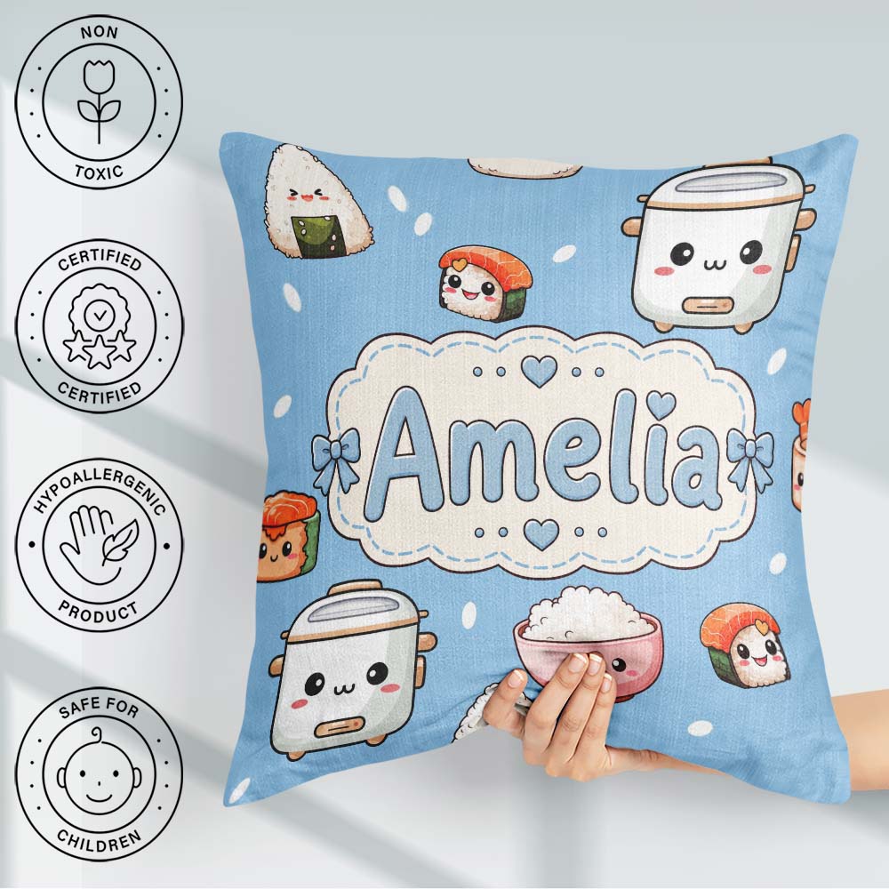 Custom Name Kawaii Sushi Rice Cooker Bowl Blue Seamless Pattern Square Filled Cushion Throw Pillow Sofa Bed Home Decor Zip Washable UK Made