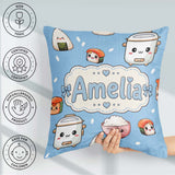 Custom Name Kawaii Sushi Rice Cooker Bowl Blue Seamless Pattern Square Filled Cushion Throw Pillow Sofa Bed Home Decor Zip Washable UK Made