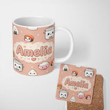 Personalized Custom Name Cute Kawaii Sushi Rice Cooker Bowl Peach Background Seamless 11oz Ceramic Coffee Tea Mug White Large Handle
