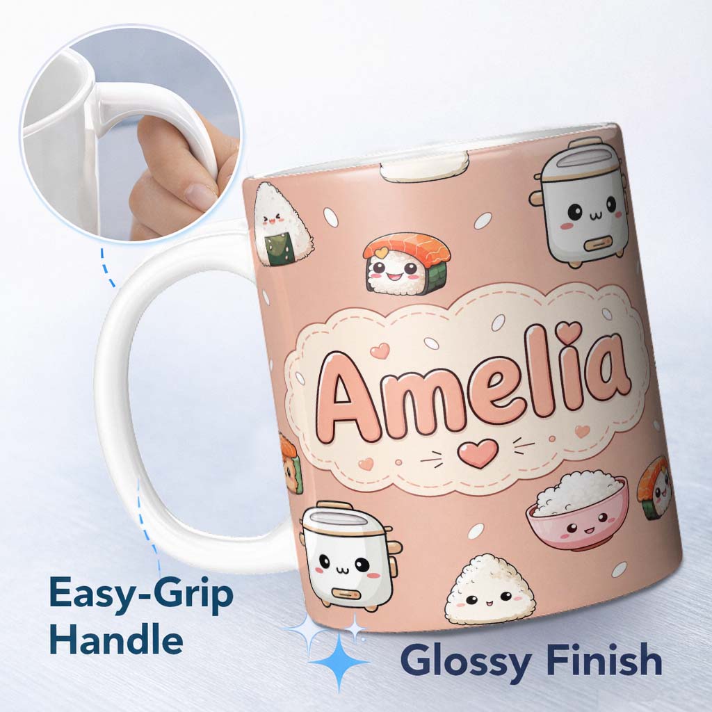 Personalized Custom Name Cute Kawaii Sushi Rice Cooker Bowl Peach Background Seamless 11oz Ceramic Coffee Tea Mug White Large Handle