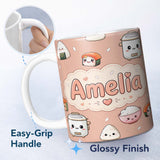 Personalized Custom Name Cute Kawaii Sushi Rice Cooker Bowl Peach Background Seamless 11oz Ceramic Coffee Tea Mug White Large Handle