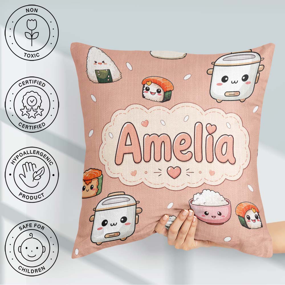 Custom Name Cute Kawaii Sushi Rice Cooker Bowl Peach Background Square Filled Cushion Throw Pillow Sofa Bed Home Decor Zip Washable UK Made