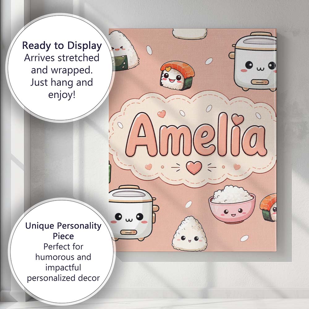 Personalised Name Cute Kawaii Sushi Rice Custom  Unique Gift Idea Elegant Feature Canvas Wall Art Print Decor Picture Ready to Hang
