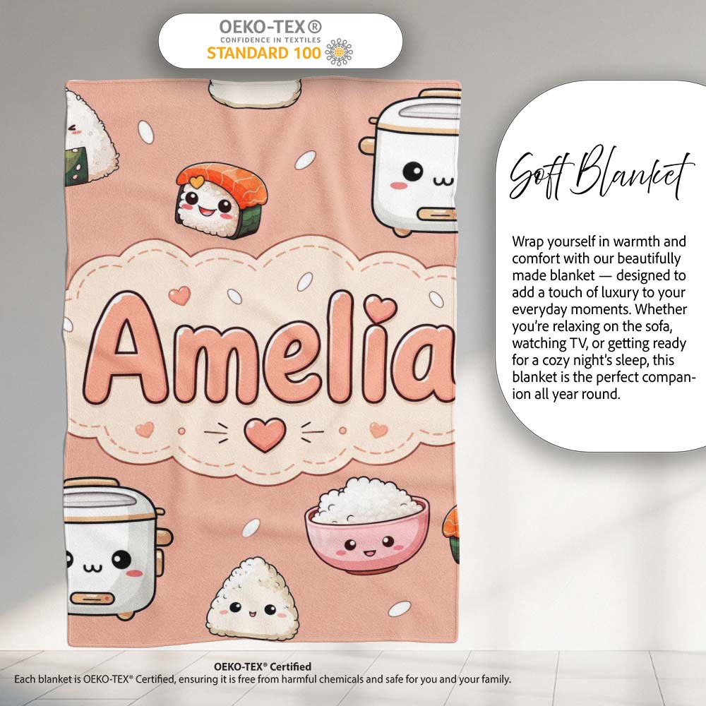 Cute Kawaii Sushi Rice Cooker Bowl Peach Background Seamless  Personalised Custom Name Super Soft Fleece Blanket Bed Sofa Throw