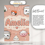 Cute Kawaii Sushi Rice Cooker Bowl Peach Background Seamless  Personalised Custom Name Super Soft Fleece Blanket Bed Sofa Throw