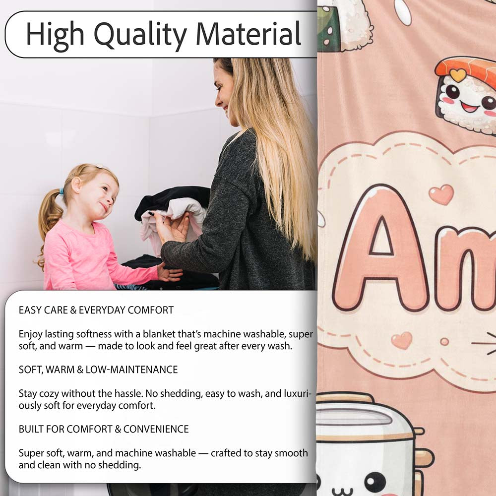 Cute Kawaii Sushi Rice Cooker Bowl Peach Background Seamless  Personalised Custom Name Super Soft Fleece Blanket Bed Sofa Throw