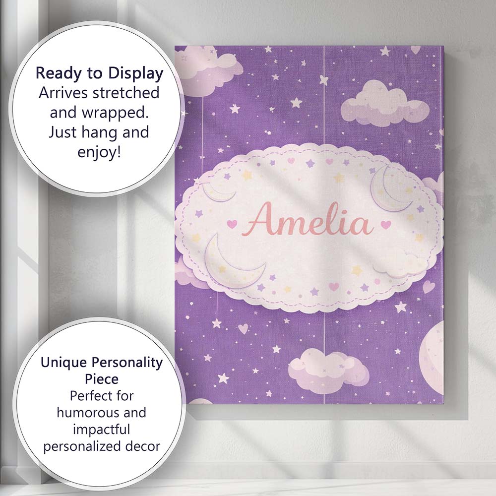 Personalised Name Purple Night Sky Moon Hanging Stars Cute Seamless Custom Canvas Wall Art Print Decor Picture Ready to Hang